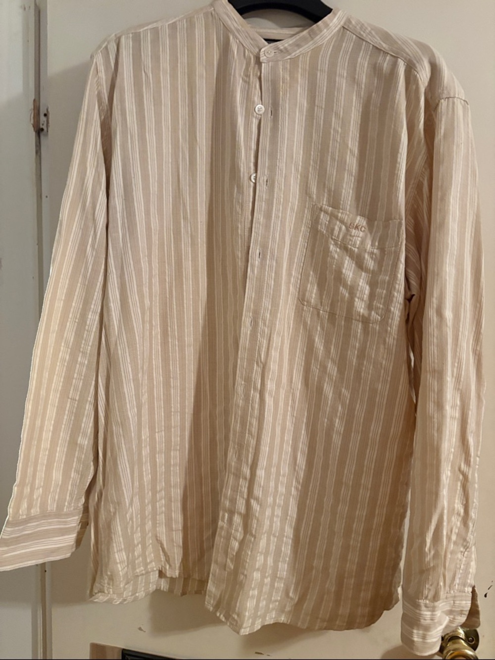 J. Peterman Beige and White Striped Grandad-Collar Shirt